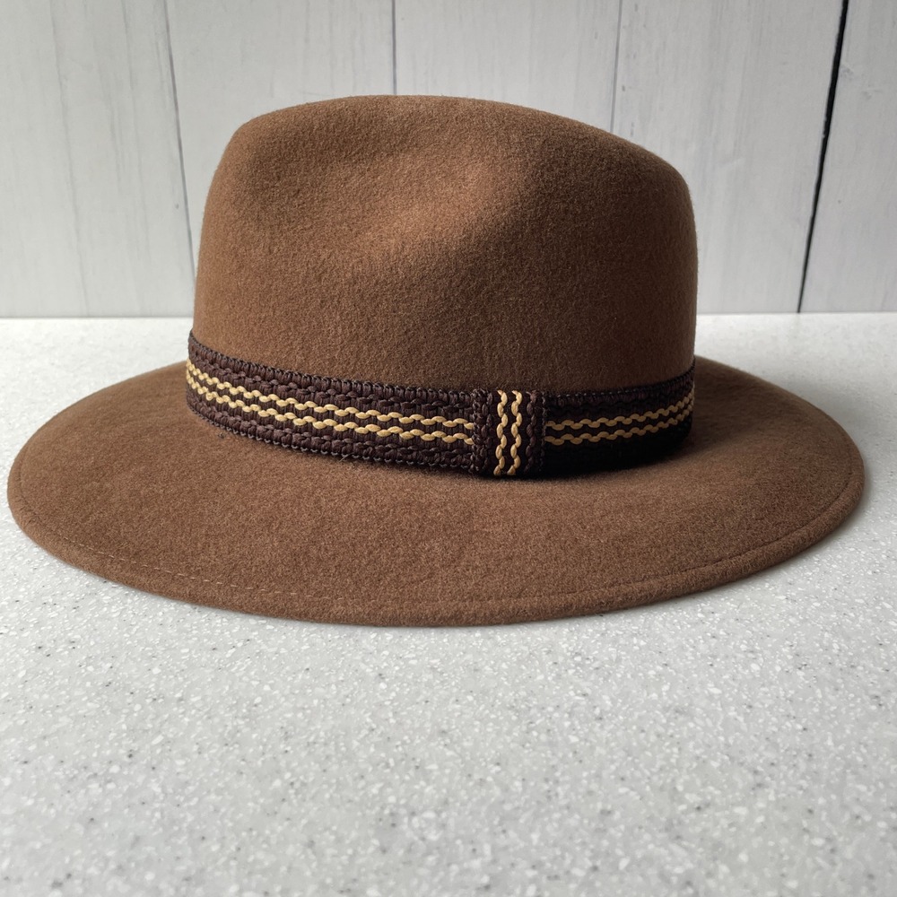 Sombreros Shaman Brown 100% Wool Fedora Hat Handmade Ecuador Size 58 Wide Brim
